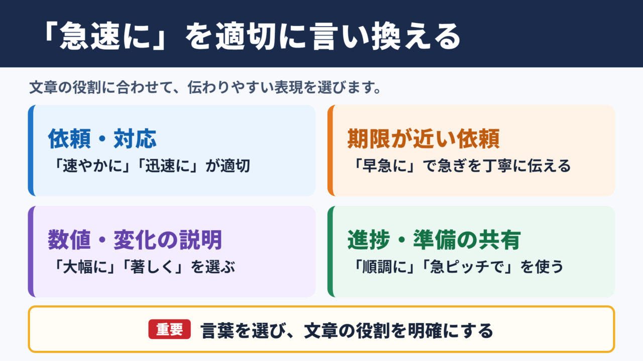 「急速に」の言い換え一覧表とシーン別の使い分け
