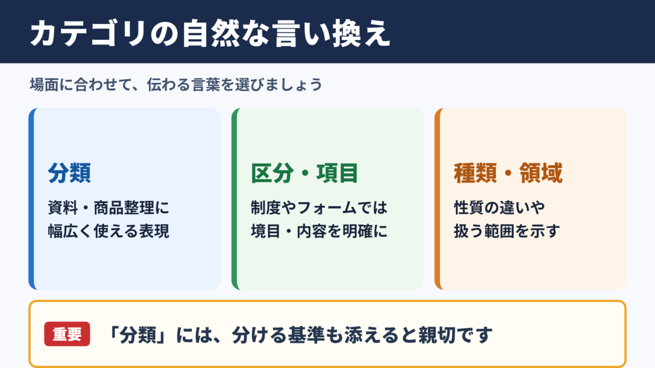 カテゴリの言い換え一覧表 シーン別の使い分け