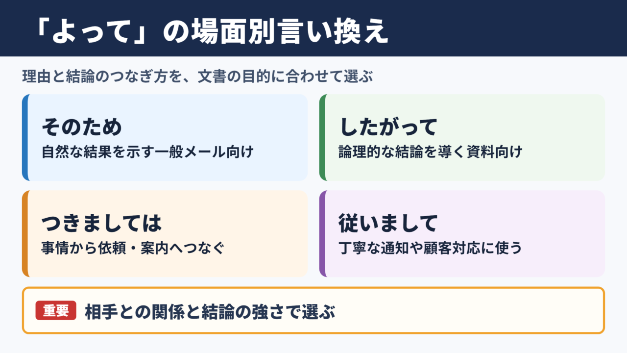 「よって」の言い換え一覧表と場面別の使い分け