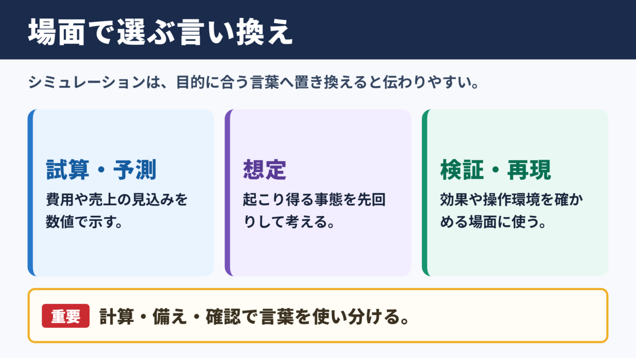 シミュレーションの言い換え一覧表とシーン別の使い分け