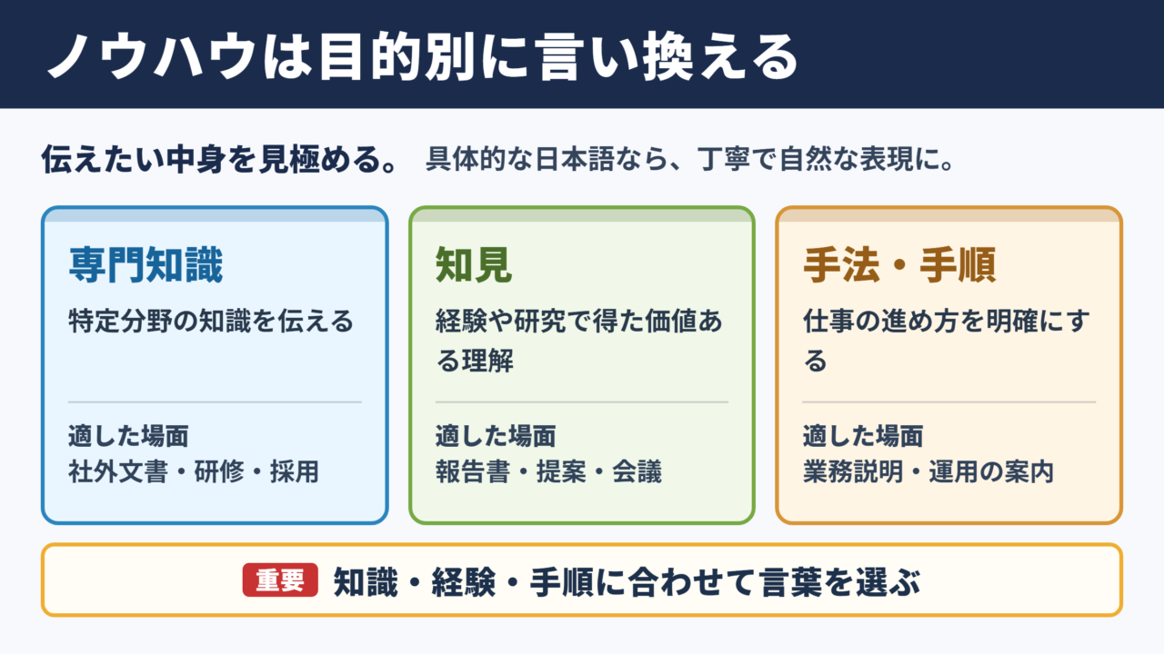 ノウハウの言い換え一覧表とシーン別の使い分け