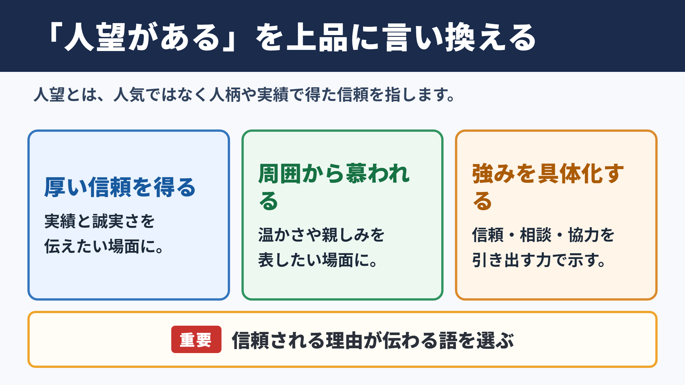 「人望がある」の言い換え一覧表とシーン別の表現